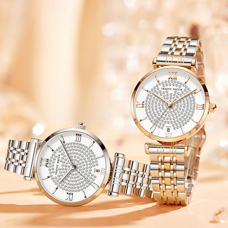 Starry women's quartz watch with 33mm dial, alloy strap, mineral glass mirror, and butterfly clasp on white background