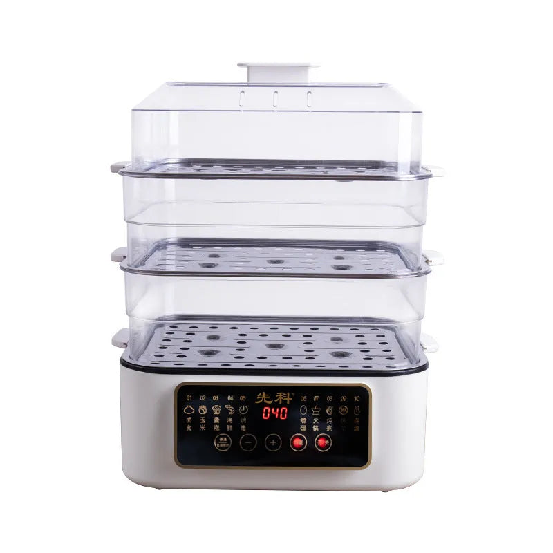 Electric steamer with stainless steel rack and automatic measuring features for household cooking