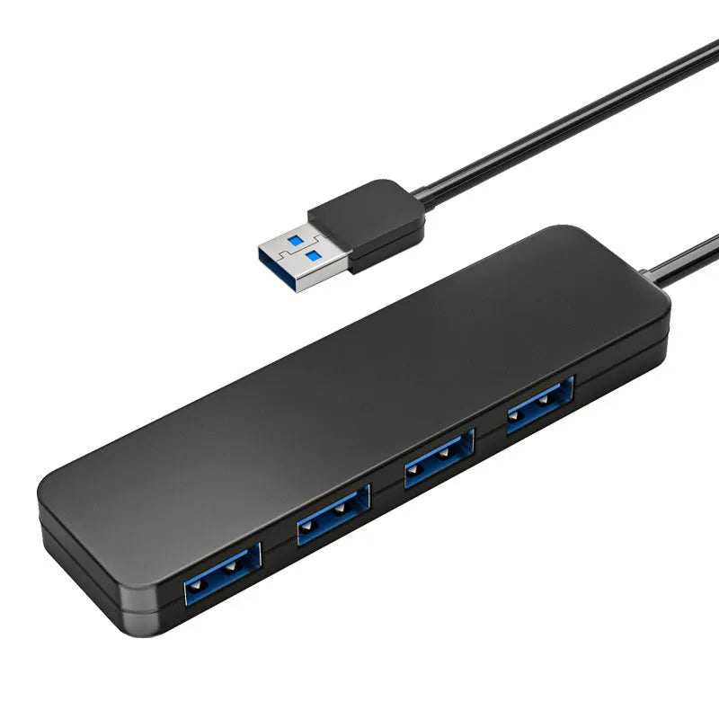 Black USB 3.0 hub with four ports, a 30cm cable, and LED status indicators next to each port.