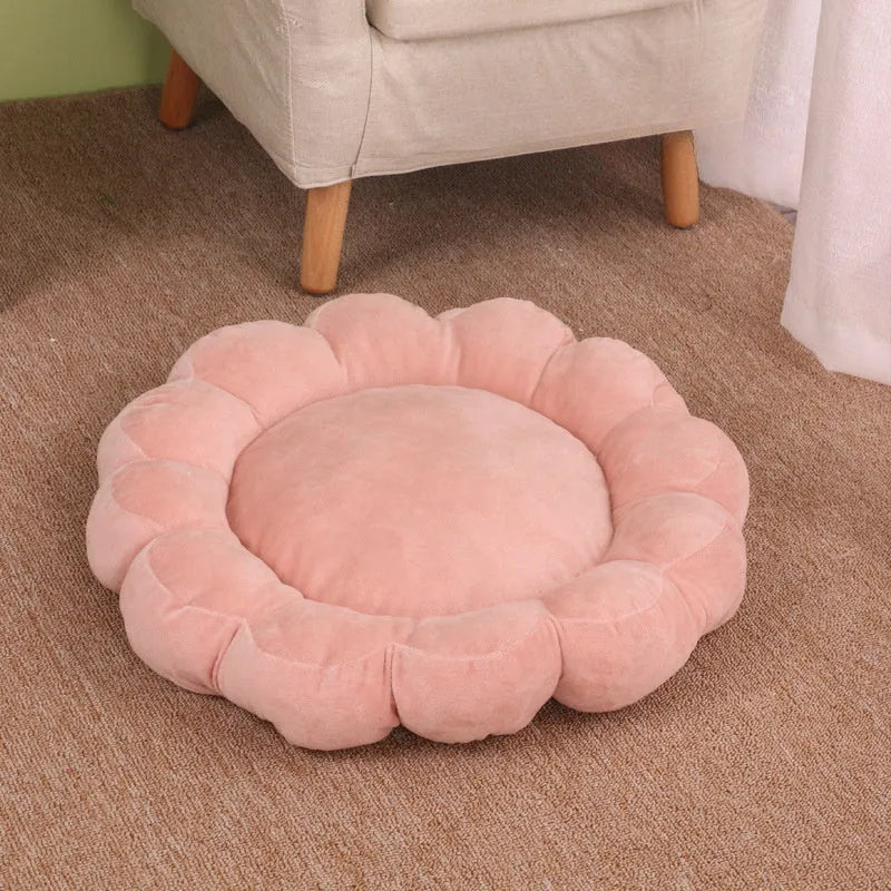 Square blue half-surrounded plush pet bed for small dogs and cats on a wooden floor.