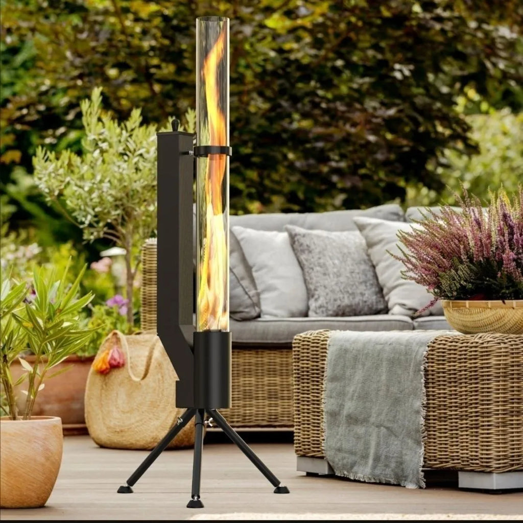 Vertical iron wood burning rocket furnace outdoor heating stove with visible flames