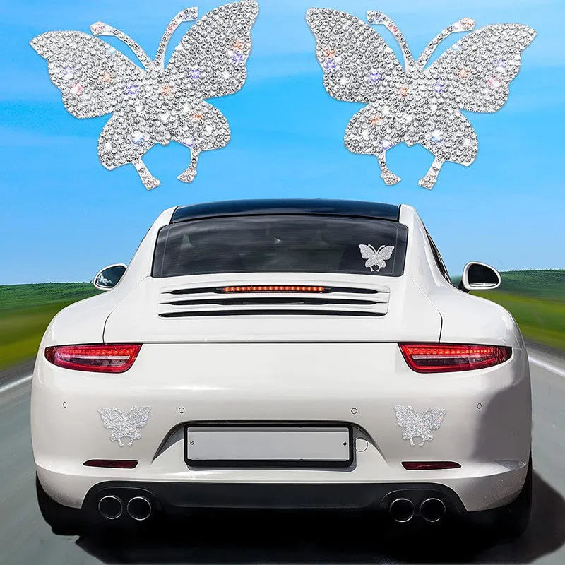 Glass diamond-encrusted car sticker with bear claw and butterfly design, 7 cm by 6 cm.