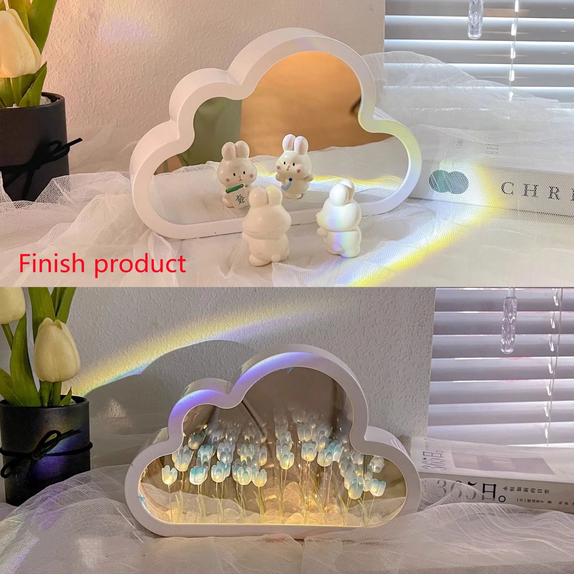 DIY cloud tulip decorative night lamp with LED lights and mirror surface for bedroom or desk