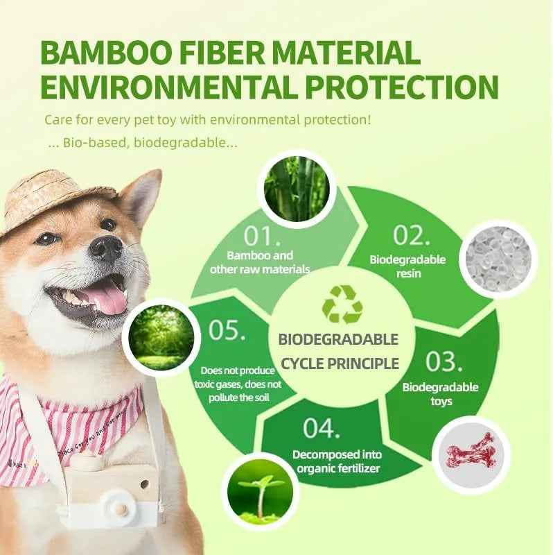 Dog chew toy made of natural rubber and bamboo fibre with unique camouflage pattern, available in S and L sizes.