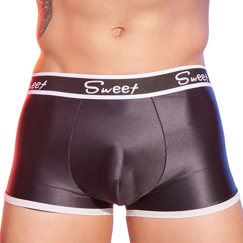 Men's shiny silky boxer shorts in black, white, and sapphire blue colours