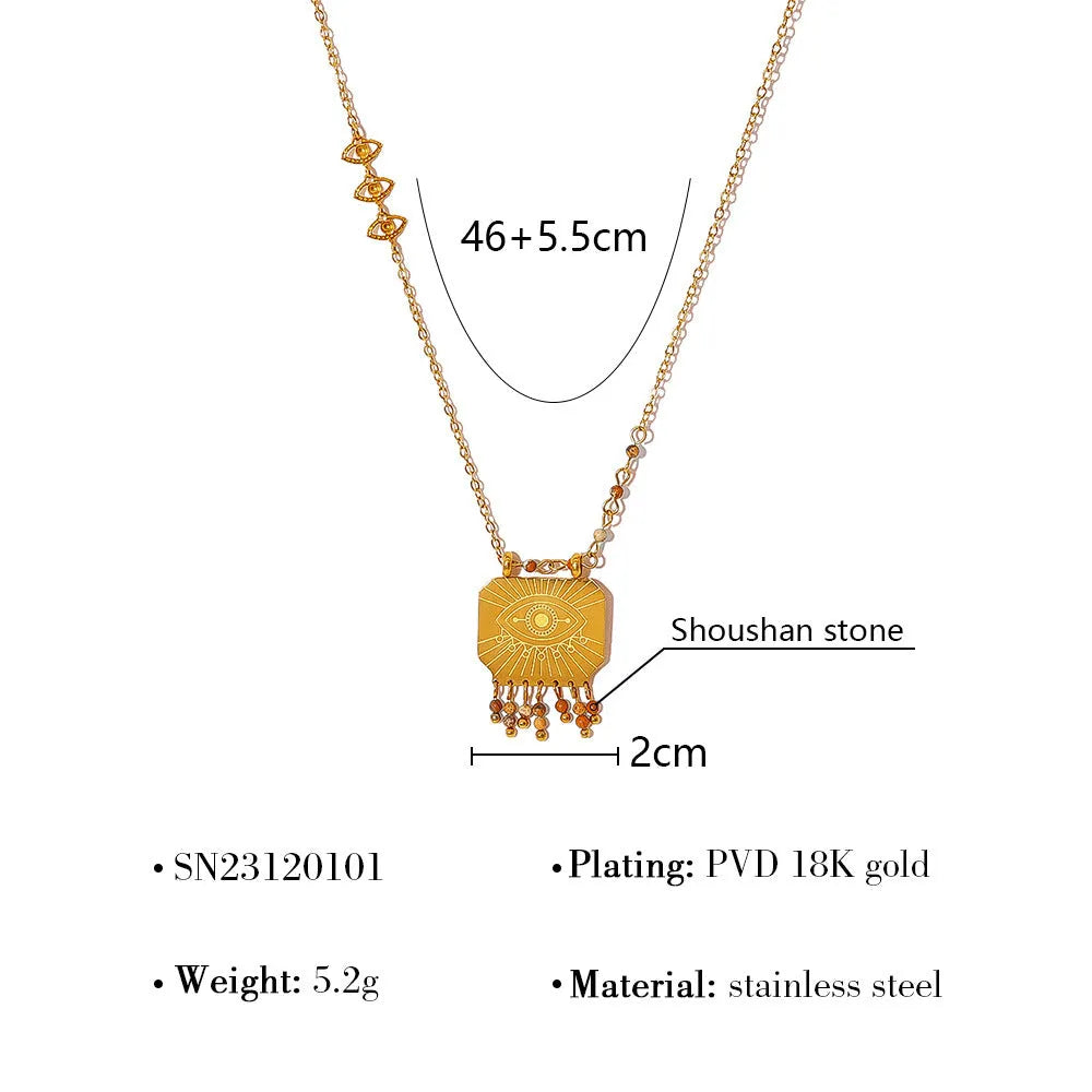 Gold titanium steel square pendant necklace with evil eye and natural stone detail, 41-50cm chain