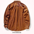 Men's long sleeve loose corduroy cardigan shirt in caramel color, front view