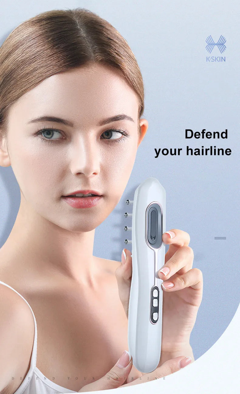 Healthy Comb micro-current radio frequency head massage claw in 3808 white, front view showing push button and magnetic massage claws.