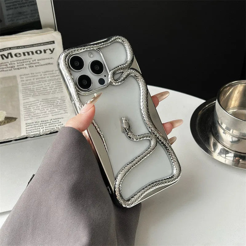 Electroplated glossy hollow snake TPU phone case for iPhone 13-16 series with reflective silver finish