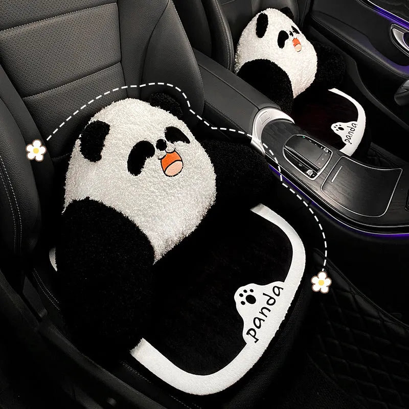 Winter plush panda car seat cushion with elastic hemming and memory foam filler on car seat