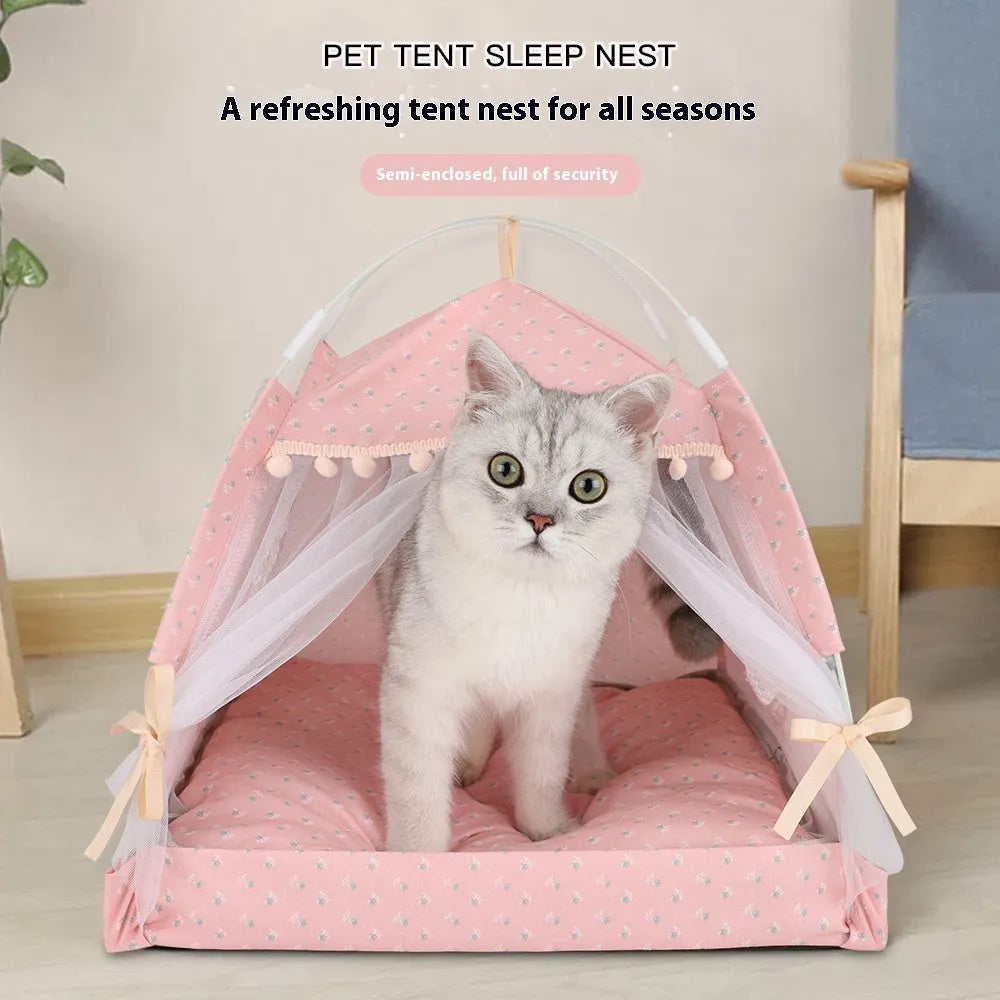 Semi-closed foldable cloth cat nest kennel in olive green with cat inside