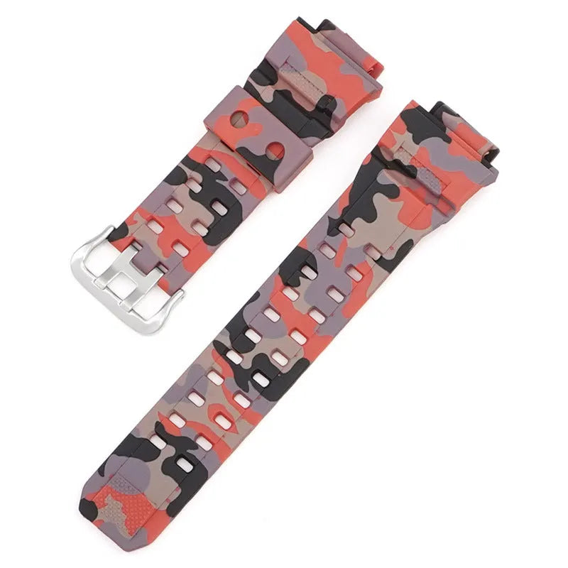 Camouflage pattern TPU watch strap with silver buckle on a 20mm watch lug