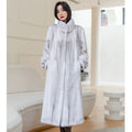 White women's faux fur coat with stand-up collar, 80 cm length, regular sleeves