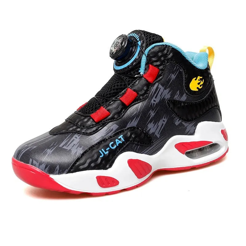 Children's rotating button running shoes in black with a cushion basketball design on a white PU sole.
