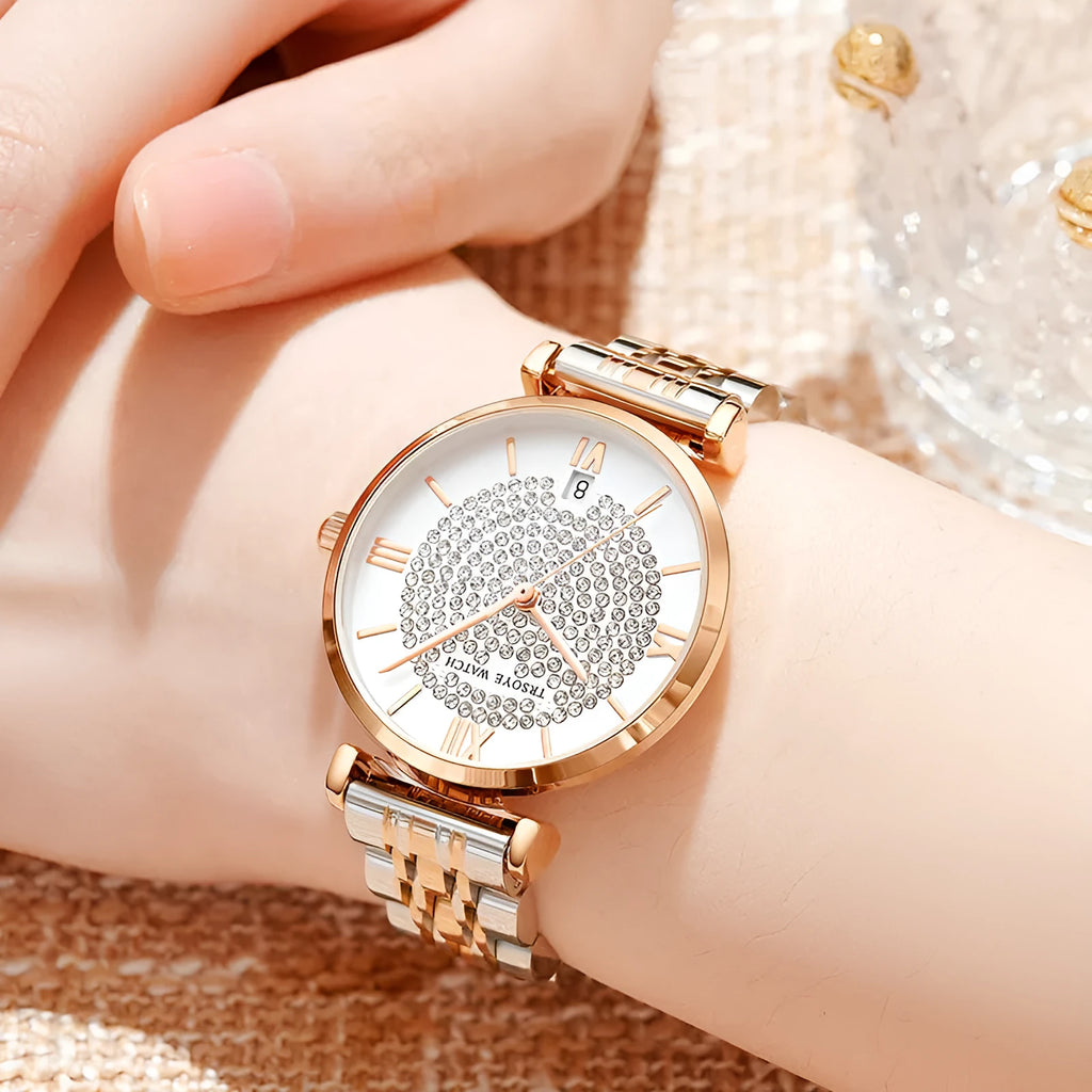 Starry women's quartz watch with 33mm dial, alloy strap, mineral glass mirror, and butterfly clasp on white background