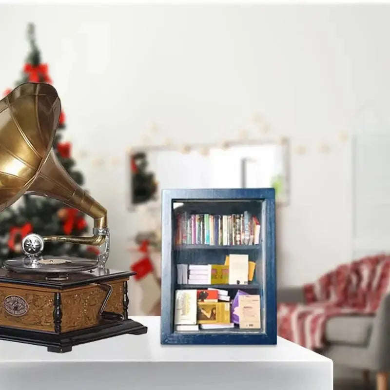 Mini wooden bookshelf with 60 mini books, 10x8x5cm, on a desk as stress relief decor