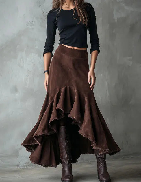 Brown women's maxi skirt with high-low ruffle hem in eco suede polyester fabric