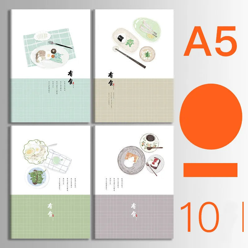 Pack of ten thread-bound A5 and B5 softcover notebooks showing multiple design styles including kraft paper and illustrated covers.