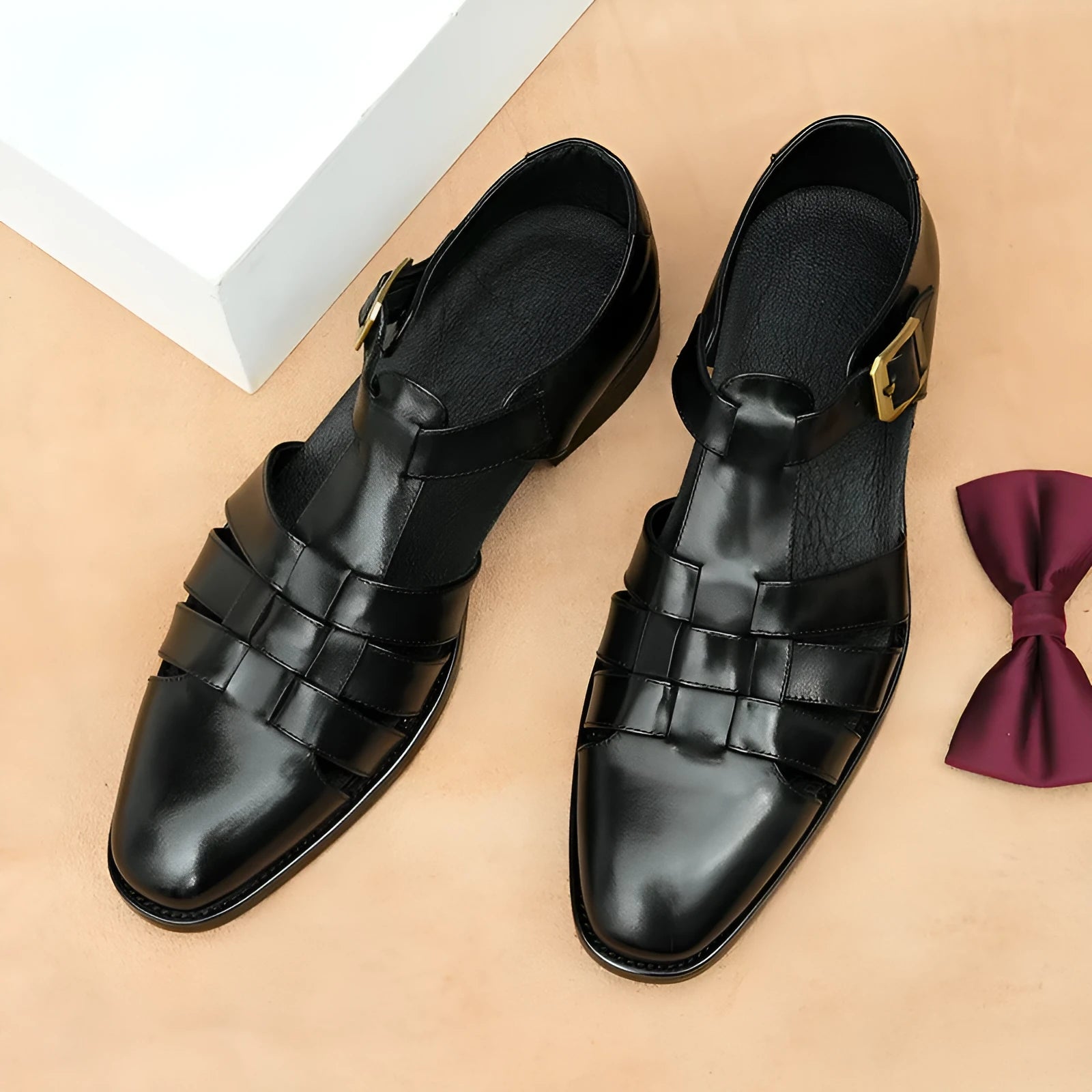 Men's black genuine leather retro sandals with open design and rubber sole.