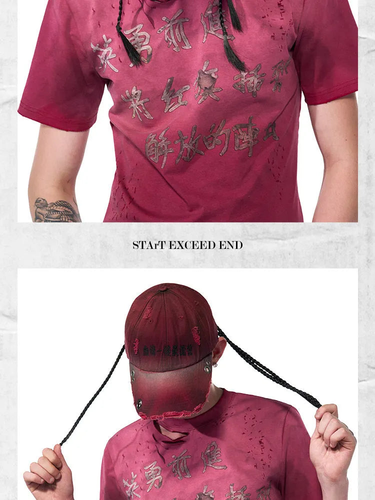 Rose red cotton peaked cap with adjustable strap and spray dirty old vintage design.