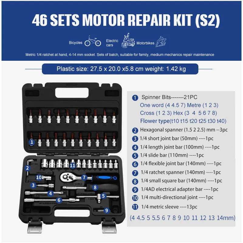 46-piece chromium vanadium steel socket ratchet wrench set in black storage box