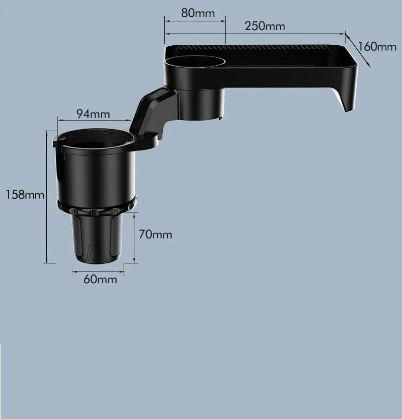 Black car cup holder with 360-degree rotating dinner tray placed in vehicle cup holder