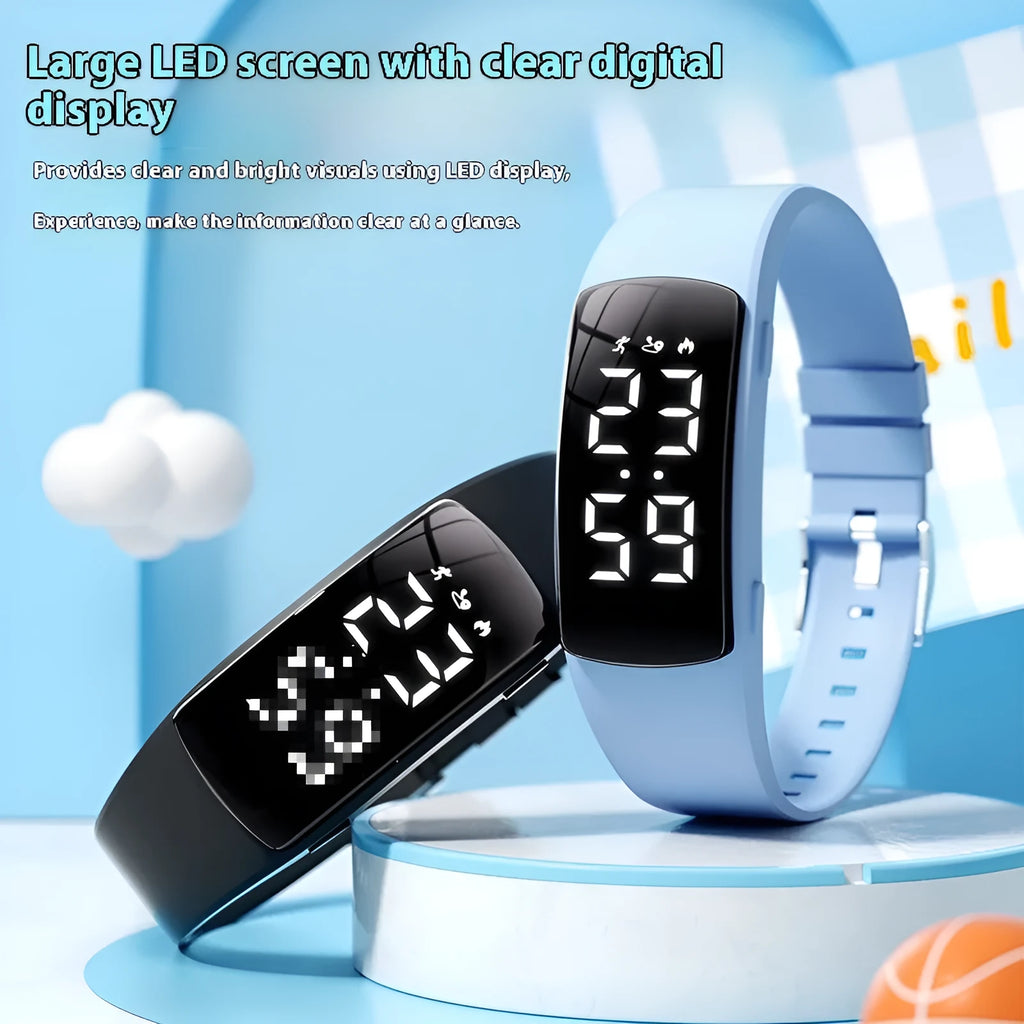 Waterproof vibration alarm watch with LED display and coloured silicone strap on a wrist.