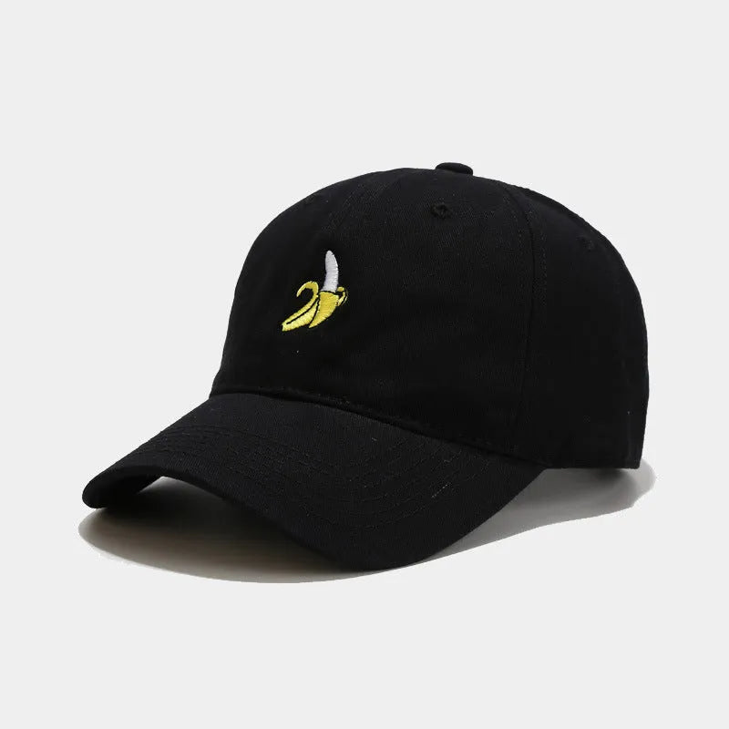 Curved dome crown baseball cap with embroidered banana fruit design in multiple colours