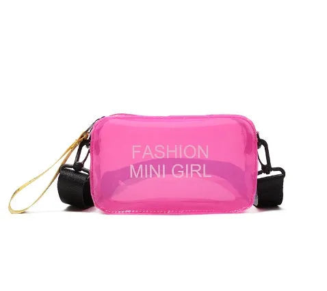 Transparent square women's shoulder bag with adjustable strap in multiple colour options showing internal mobile phone pocket