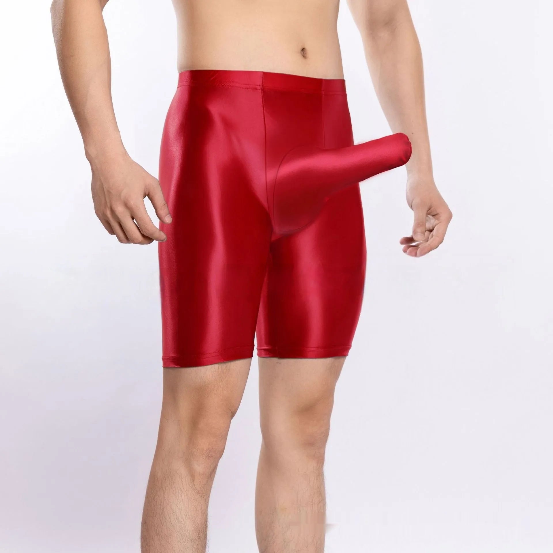 Plus size shiny nylon sports shorts for men in multiple colours on a size chart.