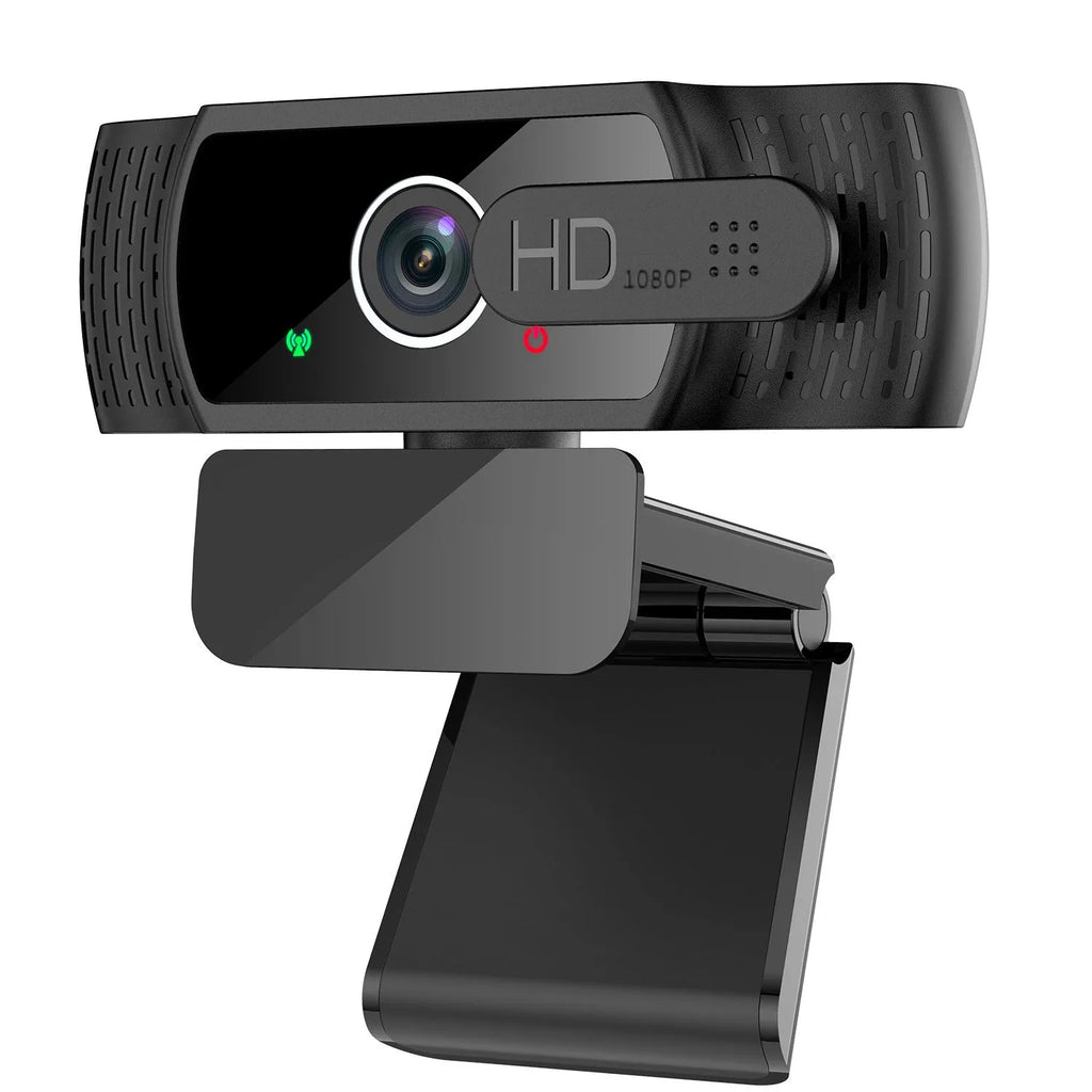 Black USB webcam with built-in microphone and universal clip for computer video calls