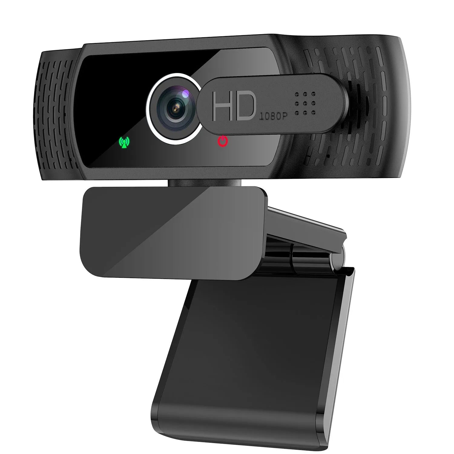 Black USB webcam with built-in microphone and universal clip for computer video calls