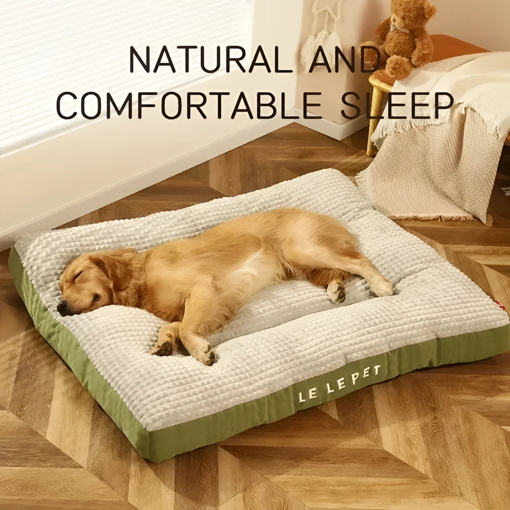 Dog bed with a soft fleece blanket on a cushion mat, shown in green and coffee colour options.