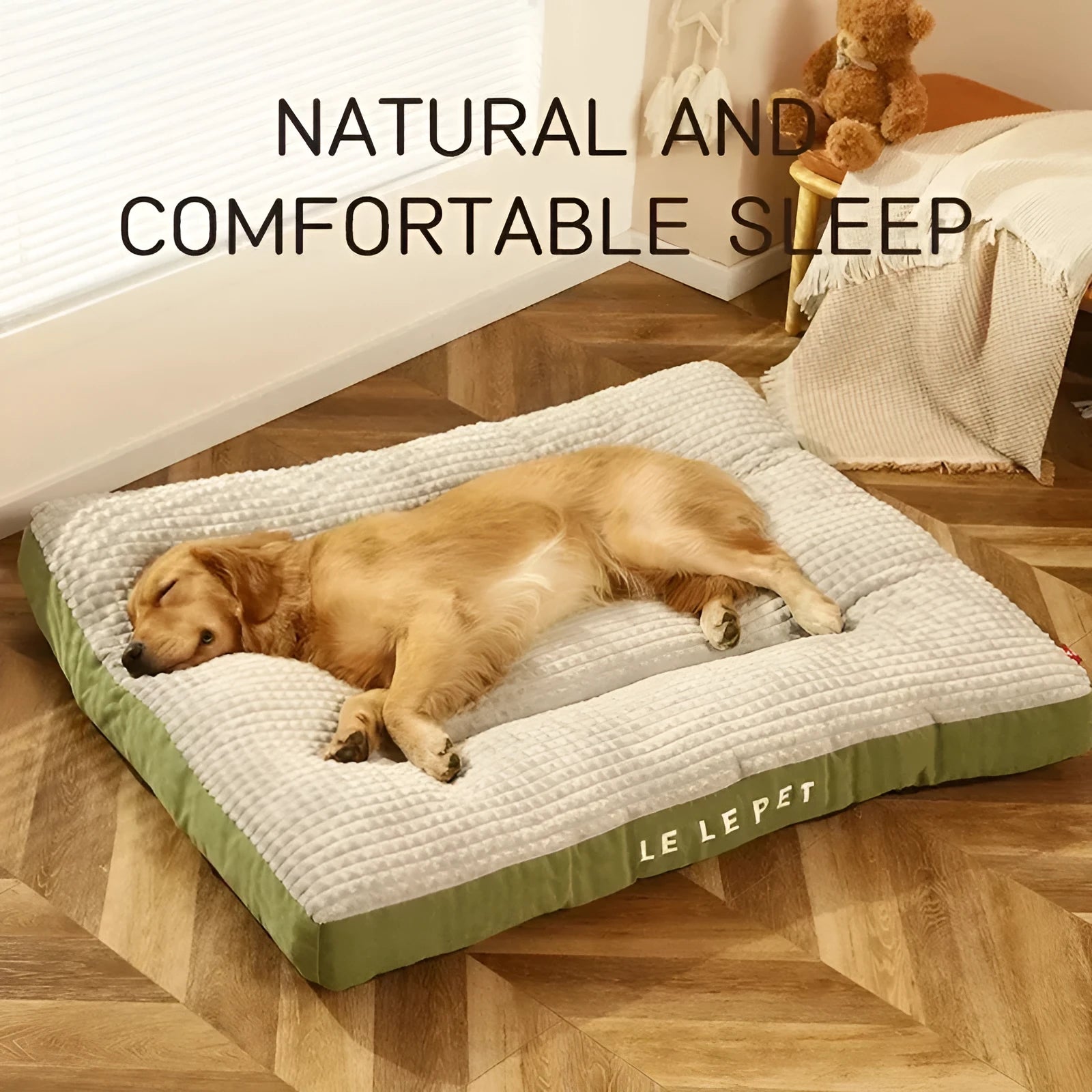 Dog bed with a soft fleece blanket on a cushion mat, shown in green and coffee colour options.