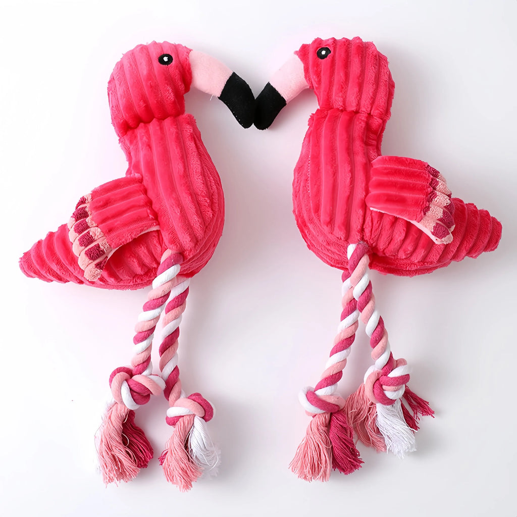Pink animal-shaped corduroy squeaky dog toy with plush construction