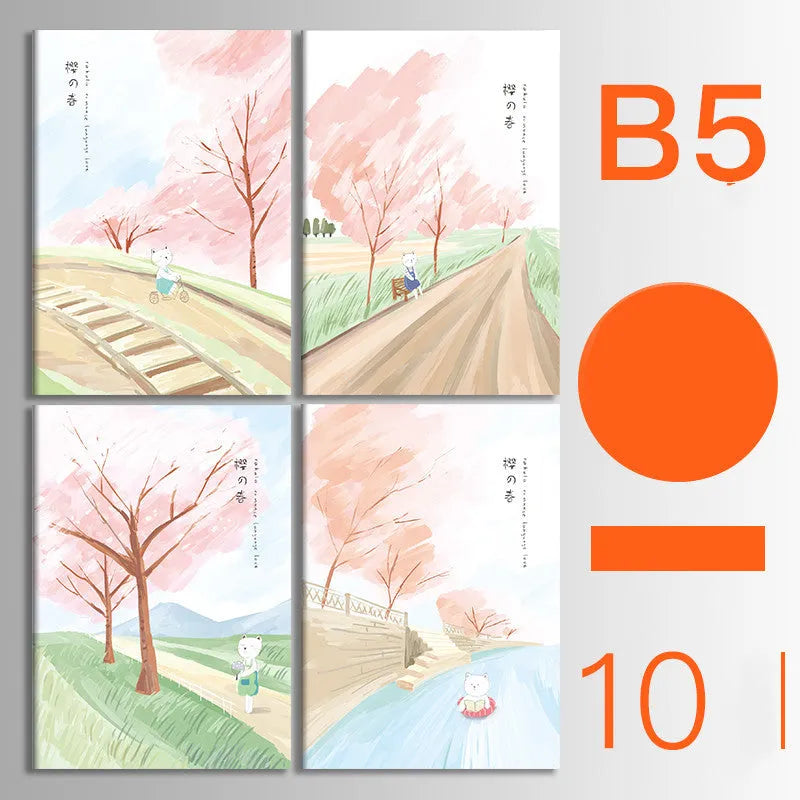 Pack of ten thread-bound A5 and B5 softcover notebooks showing multiple design styles including kraft paper and illustrated covers.