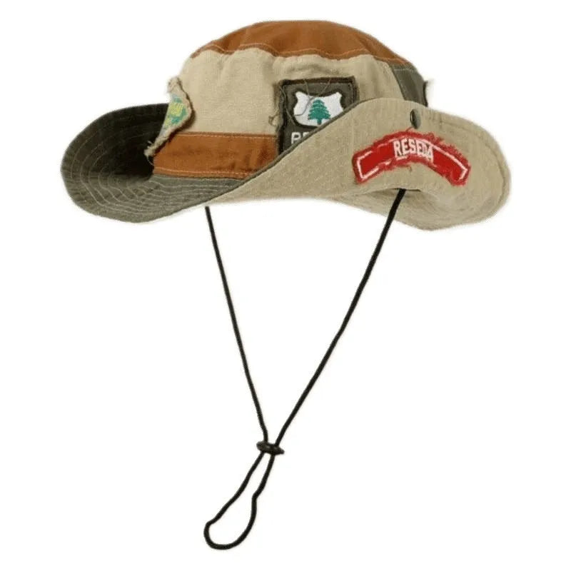 Army green cotton fisherman hat with retro patchwork design and flat top crown for summer sun protection