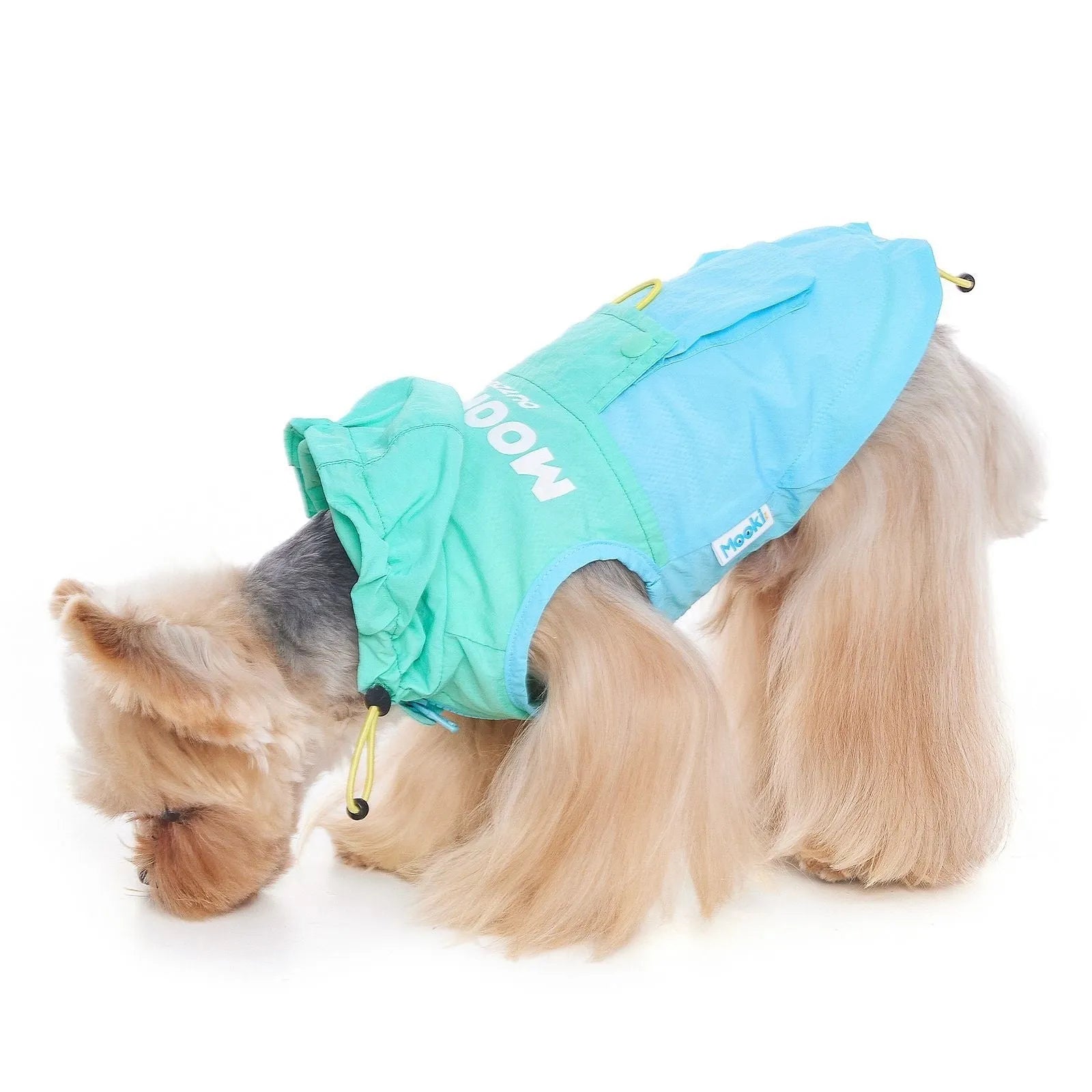 Mookipet 100% nylon dog sun protection vest in blue and green, side view showing traction point, for small dogs sizes XXS to XXL