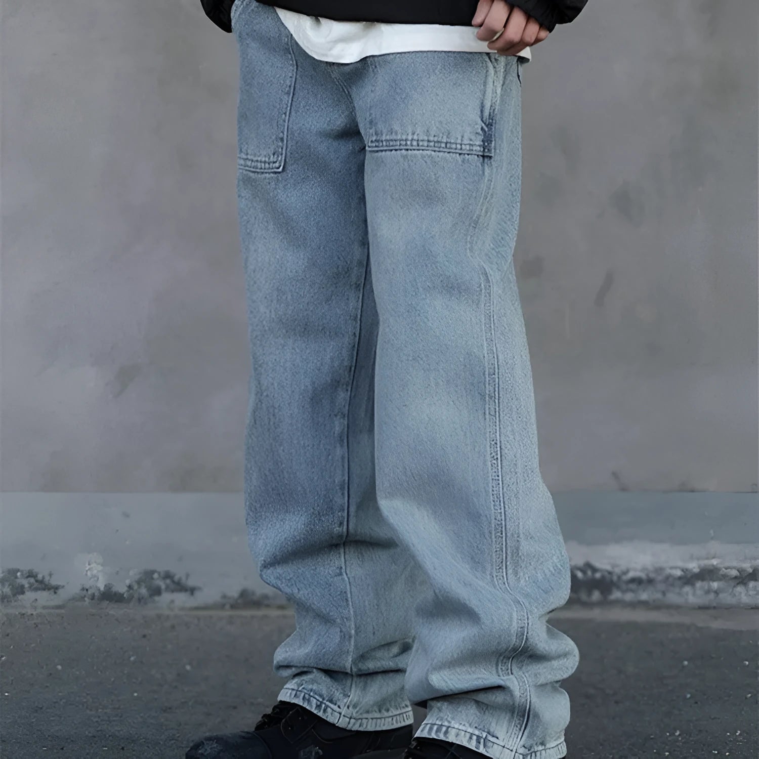 Mens loose straight vintage wide leg jeans in washed black denim, front view