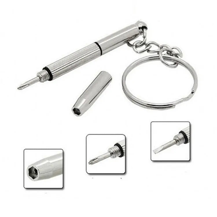 Stainless steel three-purpose screwdriver tool for glasses repair on a clean surface
