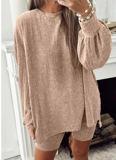 Dark khaki ribbed lantern sleeve sweater and motorcycle knit shorts set on woman
