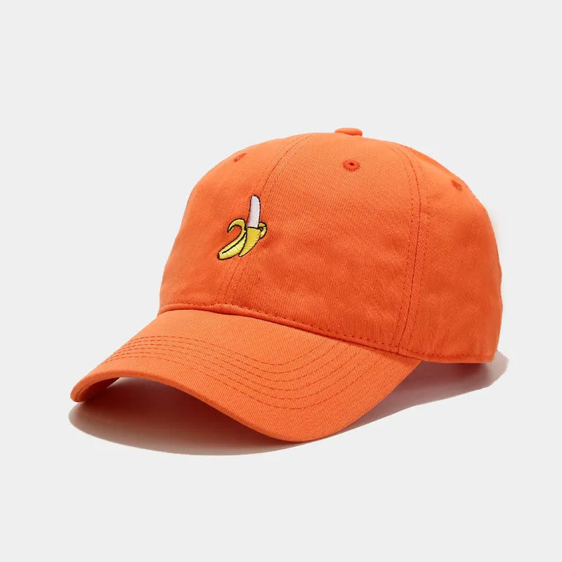 Curved dome crown baseball cap with embroidered banana fruit design in multiple colours