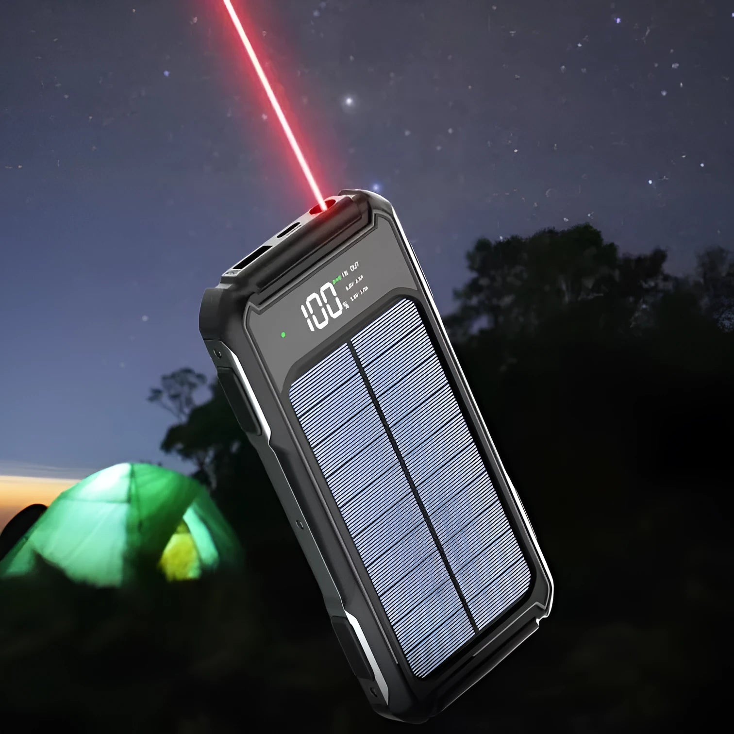 Black military grade mobile power bank showing size next to a smartphone, with green and orange colour variants.