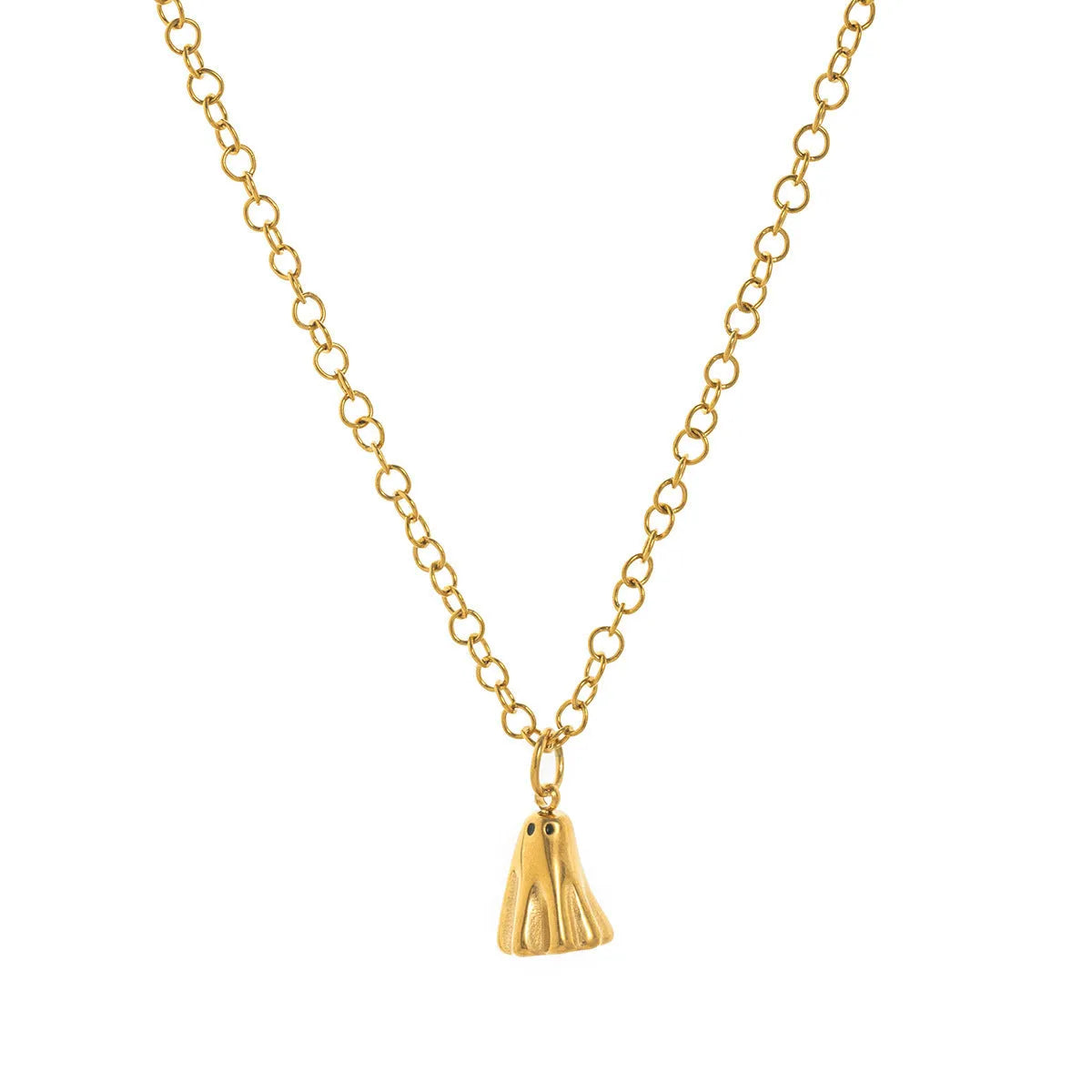 Ghost pendant necklace on a twisted stainless steel chain, shown in Cable, Figaro, and Mini Staple style options.