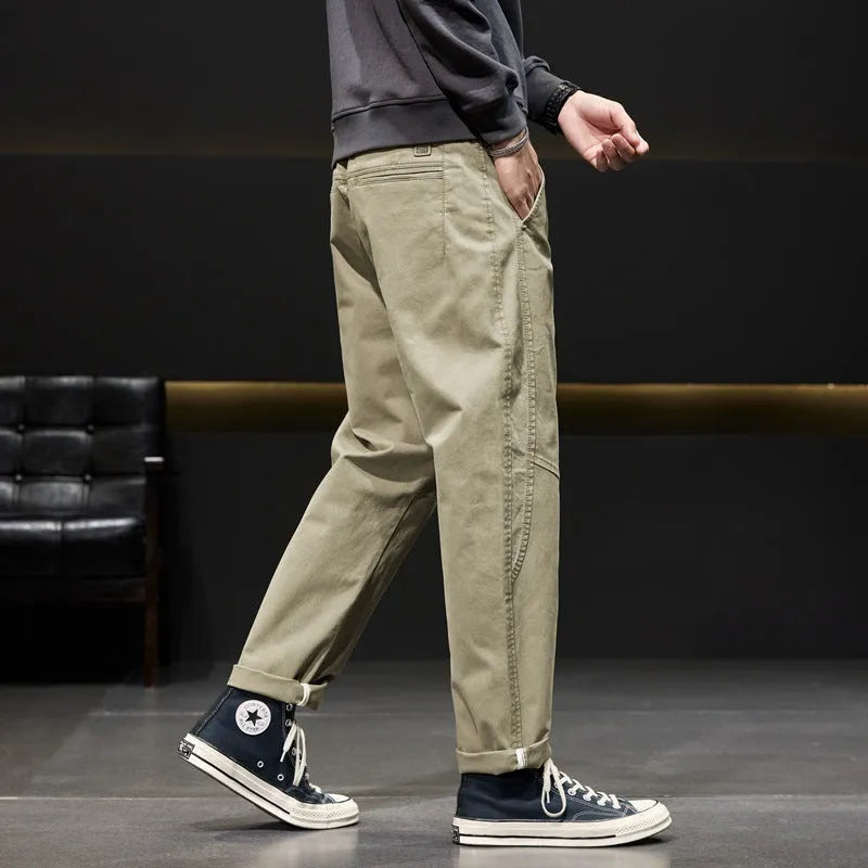 Men's casual retro straight leg trousers in khaki, cotton and bamboo fiber blend, zip fly, high waist
