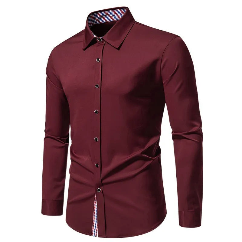 Men's loose fit plaid long-sleeved shirt in chemical fibre blend fabric available in white, black and wine red colours