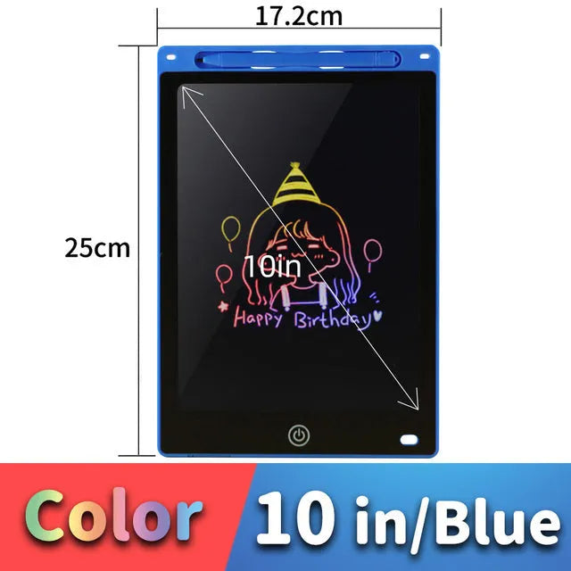 LCD drawing tablet for kids in light blue, showing colourful lines drawn with a plastic stylus.