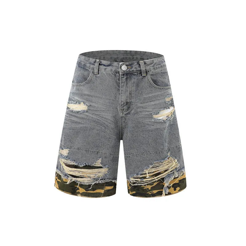 Leopard print denim matching set with short sleeve top and shorts featuring raw cut edge stitching