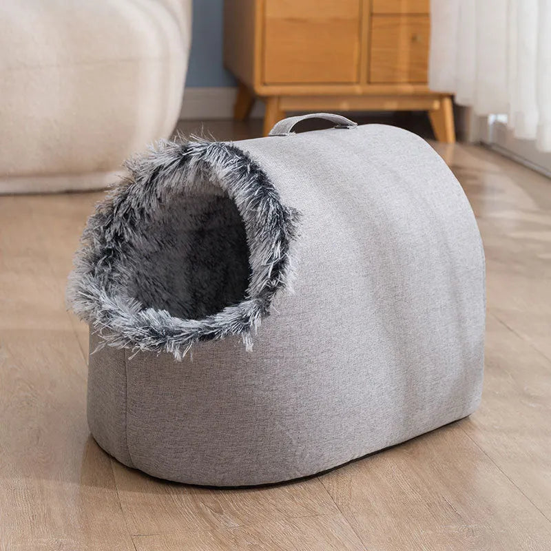 Grey fleece-lined closed cat sleeping bag for winter, shown next to a brown version.