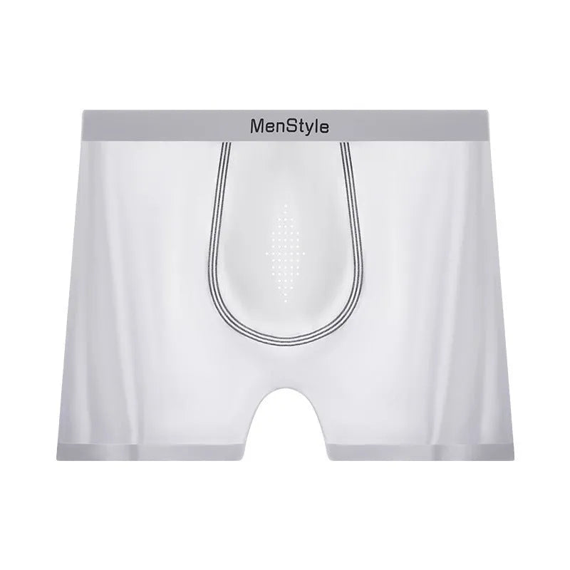 Men's seamless satin ice silk boxer shorts in a mid-waist design shown in bare skin colour.